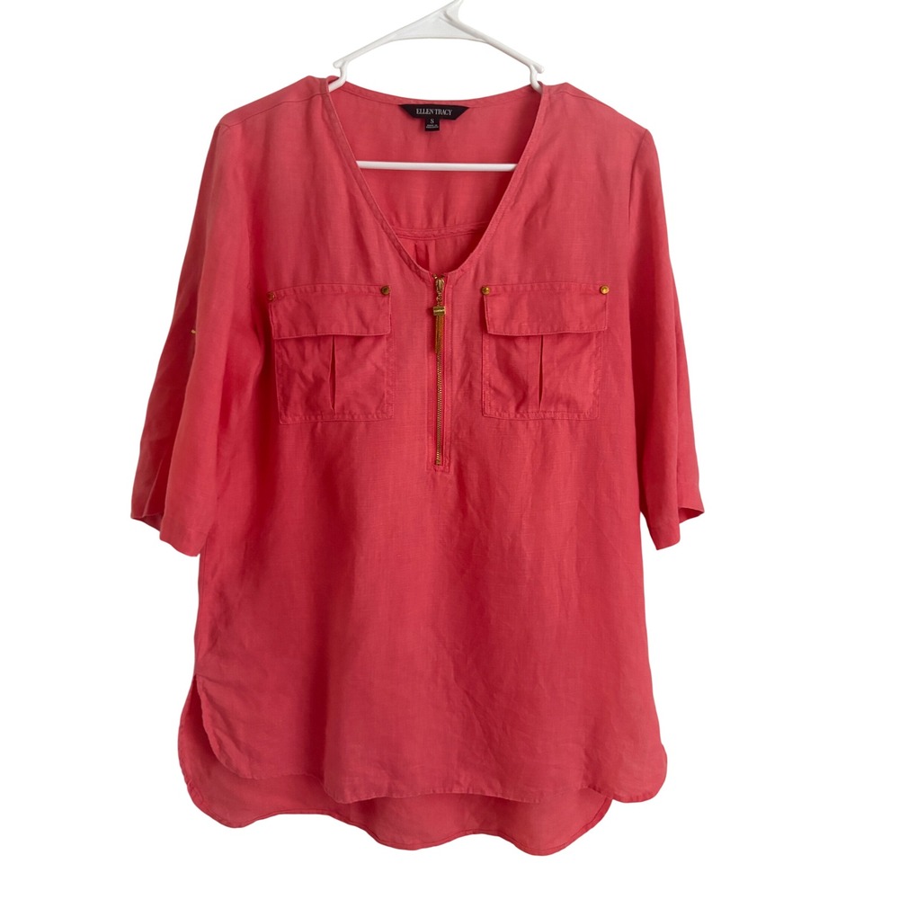 Ellen Tracy Coral Pink 100% Linen Blend Roll Tab Sleeve Zip V-Neck Tunic Top Sm